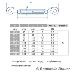 Spannschloß Haken - Haken M12 x 310 - Edelstahl A4 ähnl. DIN 1480