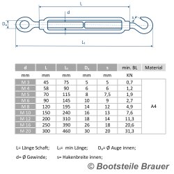 Spannschloß Auge - Haken M12 x 310 - Edelstahl A4 (AISI 316) ähnl. DIN 1480