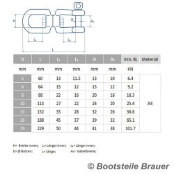 Swivel shackle eye-jaw - 8 x 88 mm - Stainless steel A4 (AISI 316)