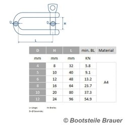 Schäkel lange Form D= 4 x 8 mm - Edelstahl A4...