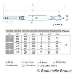 Wantenspanner Gabel - Drahtseil  M6 x D= 3 mm - geschweißt, geschlossen, Edelstahl A4