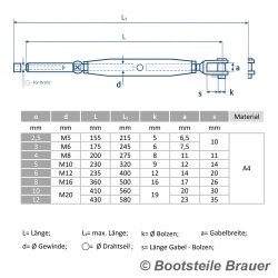 Turnbuckle fork-terminal - 6 x M12 mm - Stainless steel A4 (AISI 316)