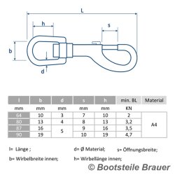 Wirbelkarabinerhaken 87 x 16 mm - Edelstahl A4 (AISI 316)