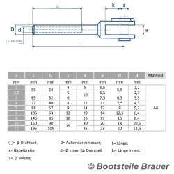 Walzterminal geschweißt, Gabel - Drahtseil - 4 x 77 mm - Edelstahl A4 (AISI 316)