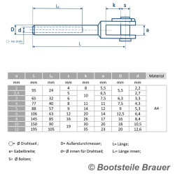 Walzterminal Gabel - Drahtseil D= 5 x 88 mm - geschweißt, Edelstahl A4