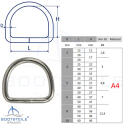 Anneau semi circulaire soud&eacute;, poli 8 x 40 mm - Acier Inoxydable V4A