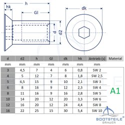 Écrous douille avec tête fraisée et six pans creux 12001 - M4 X 12 mm - Acier inoxydable A1