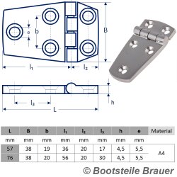 Scharnier PRISMA 38 x 76 mm - Feinguss poliert Edelstahl  AISI 316 / A4