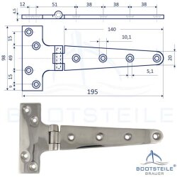 Scharnier T - Form 98 x 195 x 4,5 mm - Feinguss poliert Edelstahl AISI 316 / A4