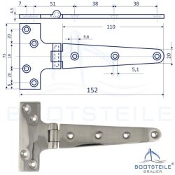 Scharnier T - Form 75 x 152 x 4,5 mm - Feinguss poliert Edelstahl AISI 316 / A4