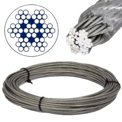 PVC clear coated wire rope semi-soft 7x7 D= 1 / 1,5 mm - Stainless steel V4A AISI 316