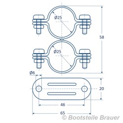 Pipe clamp, double fixed D= 25 mm - stainless steel A2...