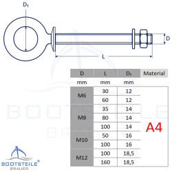 Augbolzen mit Kragen und metrischem Gewinde M10 x 50 mm - Edelstahl A4 (AISI 316)