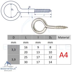 Vis à oeil avec filetage bois 3,3 x 16 mm, Oeil 8 mm - Acier Inoxydable V4A