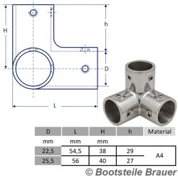 Drei Wege-Verbindung 90°, Feinguss poliert 22MM -...